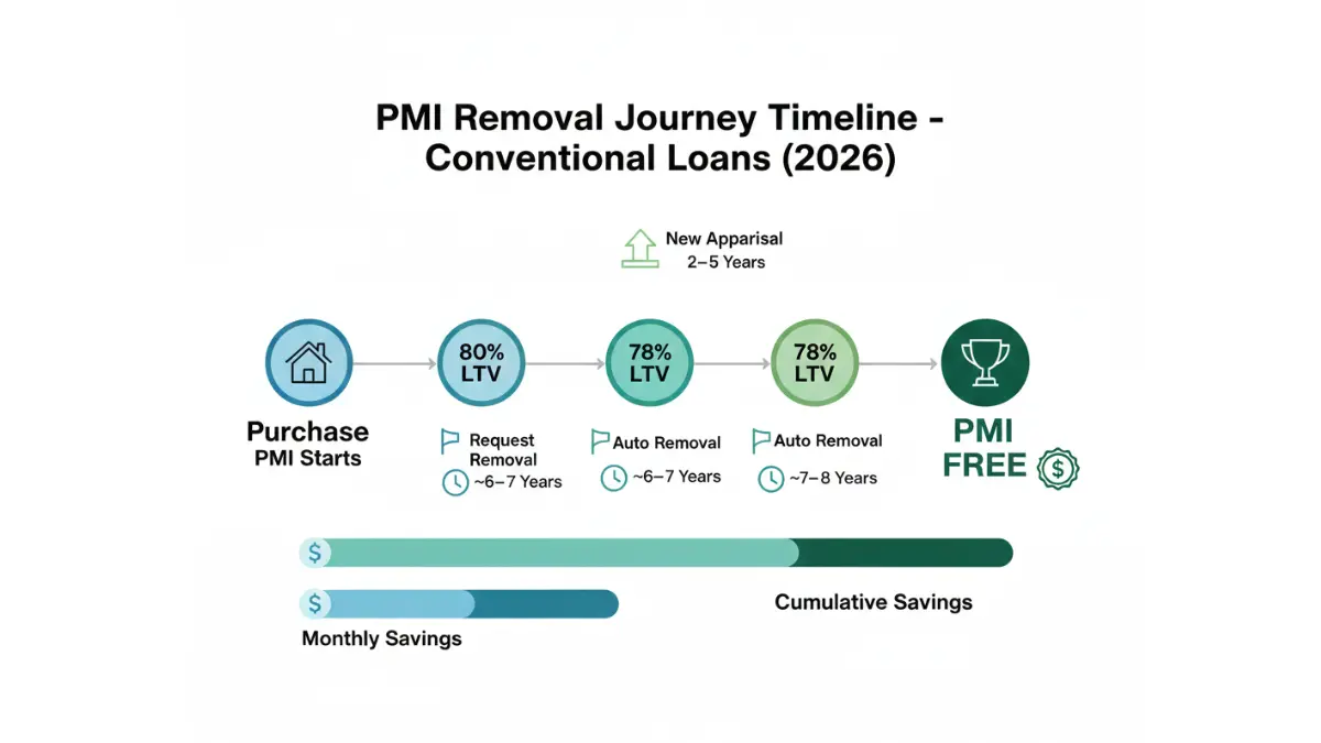 Conventional loan PMI removal timeline showing 80% request, 78% automatic removal, and appraisal path
