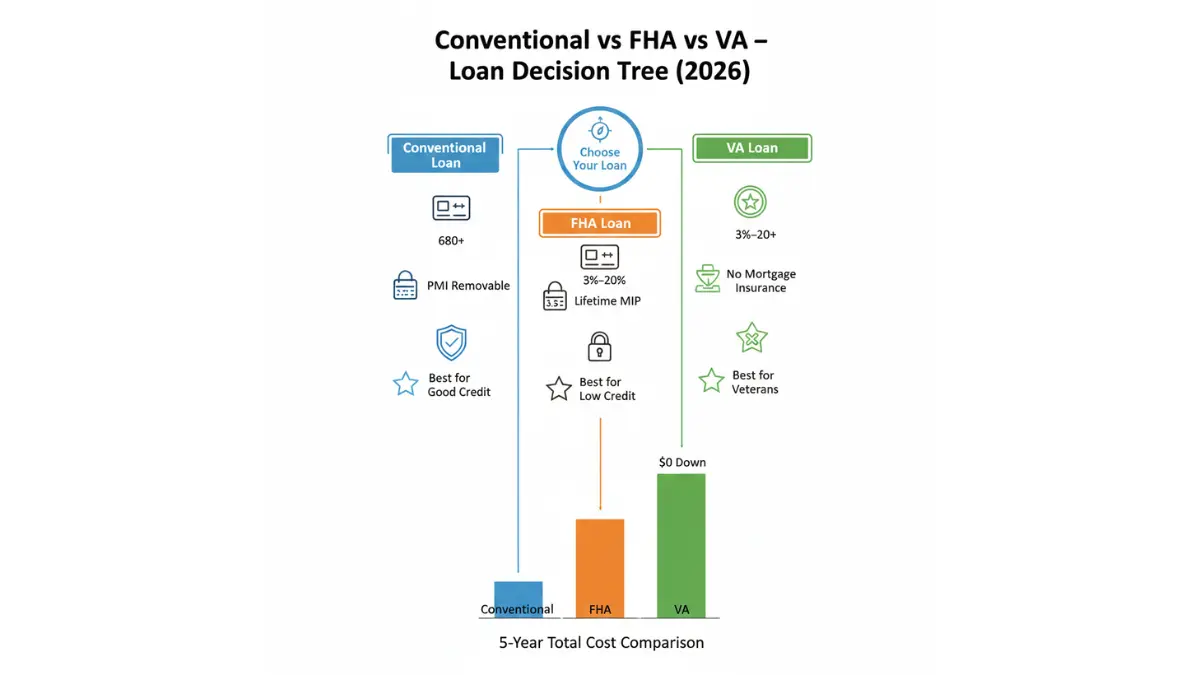 Conventional loan vs FHA vs VA decision tree comparing credit score, down payment, and insurance