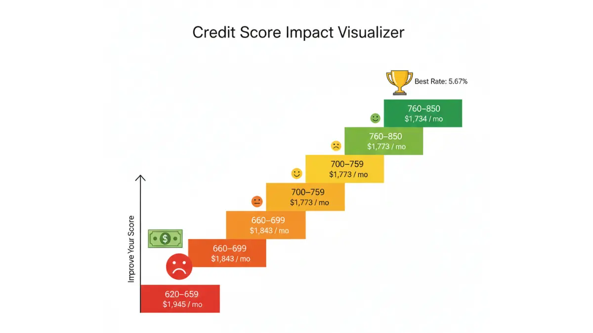 Credit score impact visualizer showing monthly payment differences based on Refi Rates across score ranges