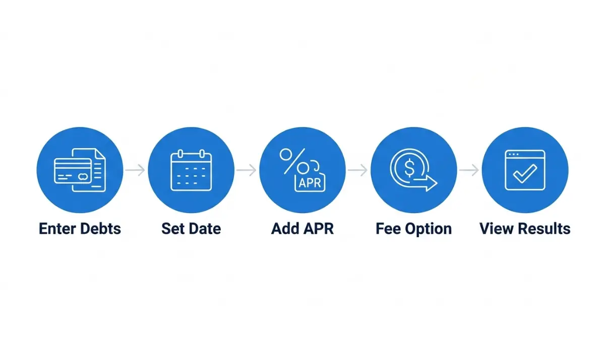 Debt Consolidation Calculator step by step process flow diagram showing how to calculate debt consolidation savings