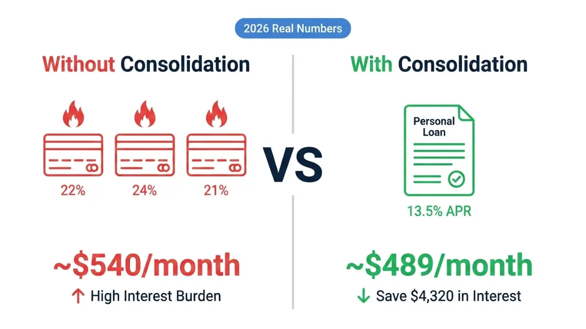 Debt Consolidation Calculator comparison showing monthly payment and interest difference before and after consolidation