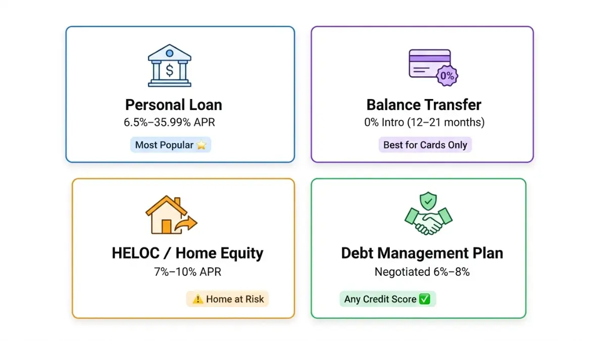 Debt Consolidation Calculator options including personal loan balance transfer HELOC and debt management plan comparison