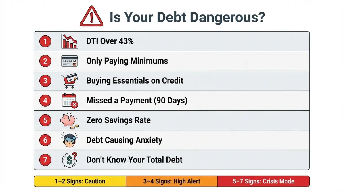 Debt warning signs checklist showing indicators like high DTI missed payments anxiety and minimum payments