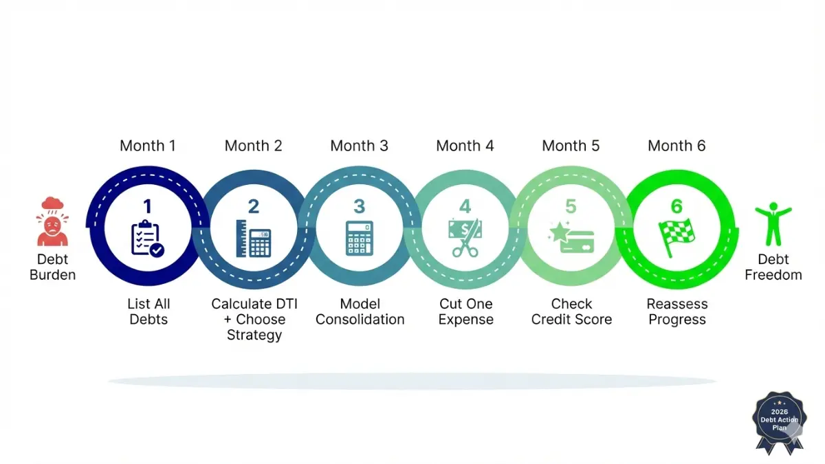 Debt freedom roadmap timeline showing step by step plan from debt burden to debt free progress