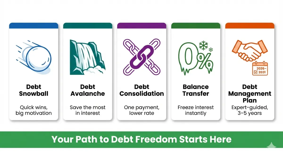 Debt payoff strategies comparison showing snowball avalanche consolidation balance transfer and management plan