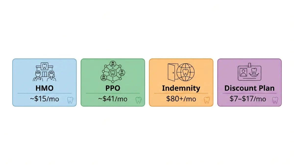 Dental Insurance plan types cost comparison HMO PPO Indemnity Discount plans