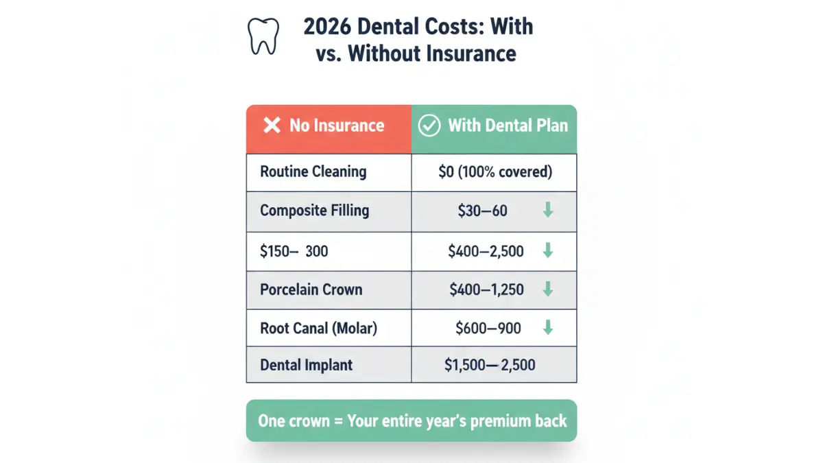 Dental insurance plans cost comparison with and without insurance procedures 2026