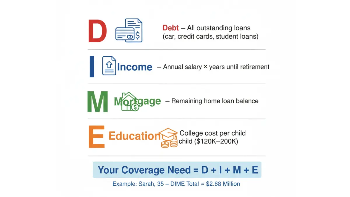 DIME formula infographic explaining how to calculate Life Insurance coverage needs using debt income mortgage and education costs