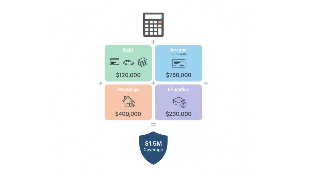 Life Insurance DIME method coverage calculator showing debt income mortgage and education needs