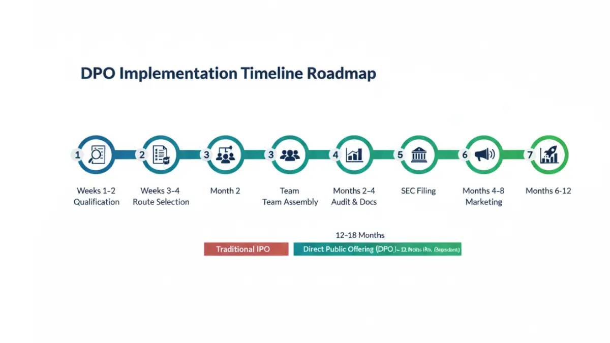 Direct Public Offering implementation timeline roadmap showing seven key steps from qualification to launch over a 1 to 12 month period