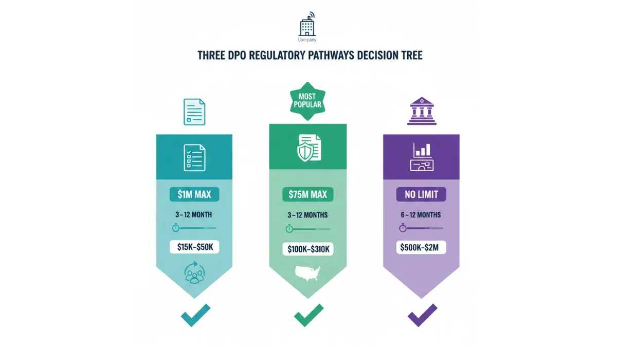 Direct Public Offering regulatory pathways decision tree showing Regulation D, Regulation A+ Tier 2, and S-1 Direct Listing with costs, timelines, and capital limits