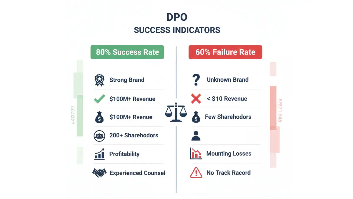 Direct Public Offering success factors comparison chart showing conditions linked to high success rates versus common failure indicators