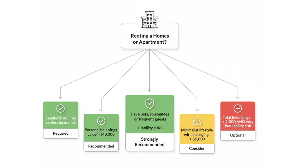 Renters Insurance decision tree showing scenarios when renters should buy insurance based on belongings and liability risk