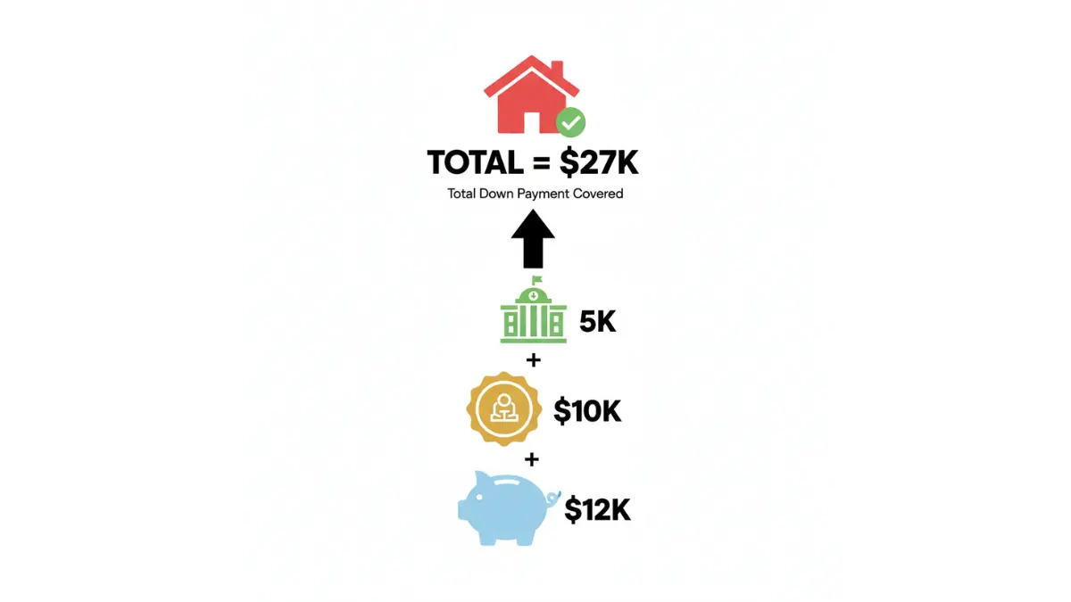 Down Payment assistance stacking example combining savings, state grants, and city programs