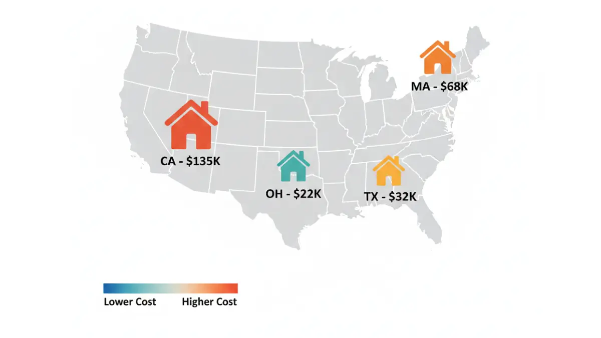Down Payment cost comparison across US regions including California, Texas, Ohio, and Massachusetts