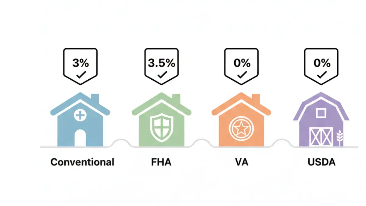 Down Payment comparison showing Conventional, FHA, VA, and USDA loan requirements