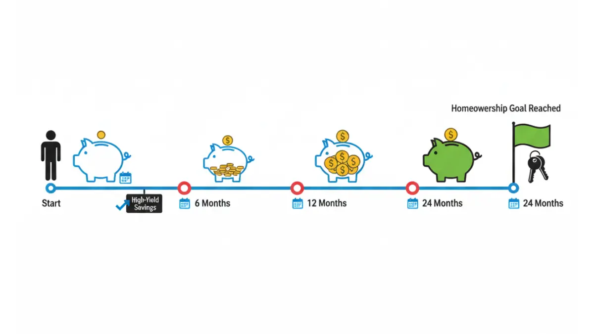 Down Payment savings timeline showing 6, 12, and 24 month milestones to homeownership