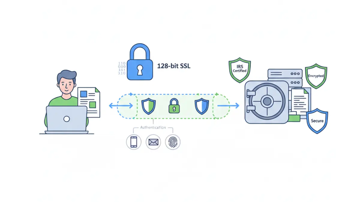 IRS eFile security diagram showing 128-bit SSL encryption and multi-factor authentication protecting tax data in 2026