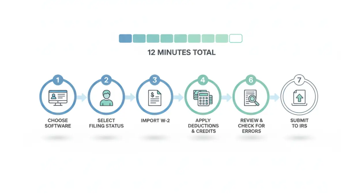 7-step visual guide explaining how to complete an eFile tax return in 12 minutes using IRS-approved software in 2026