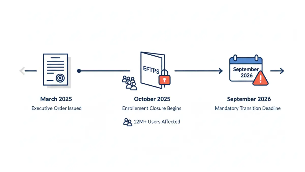 EFTPS shutdown timeline 2025 to 2026 showing executive order enrollment closure and mandatory transition deadline