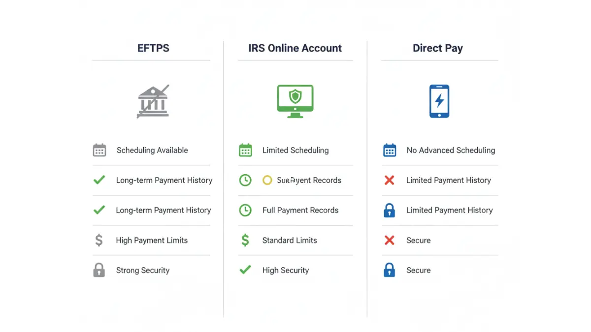 EFTPS comparison 2026 versus IRS Direct Pay and Online Account features and payment capabilities
