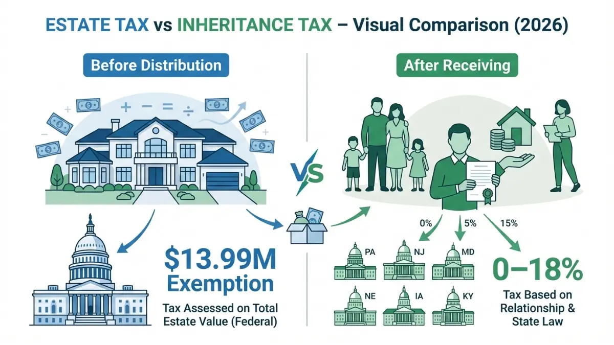 Estate tax vs inheritance tax comparison diagram explaining how Inheritance Tax works before and after asset distribution