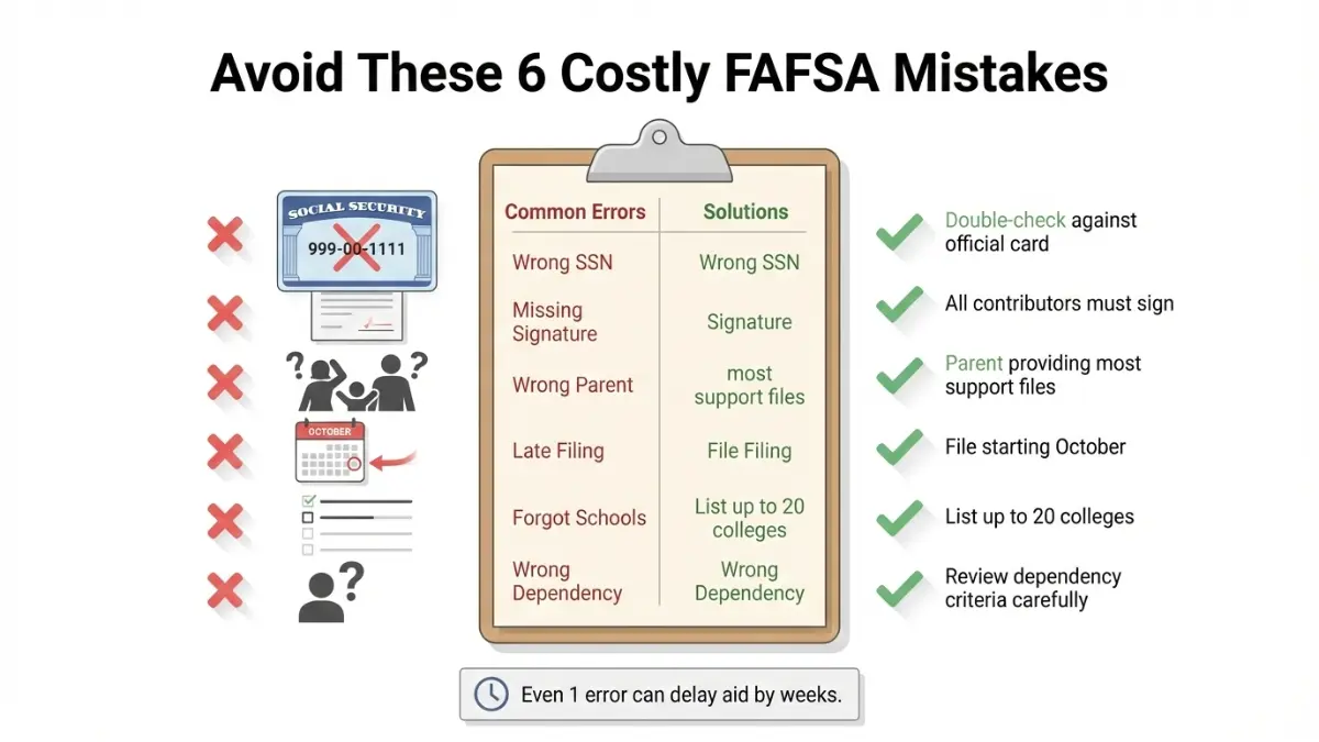 FAFSA common mistakes checklist infographic showing six FAFSA filing errors including wrong SSN and missing signature with solutions