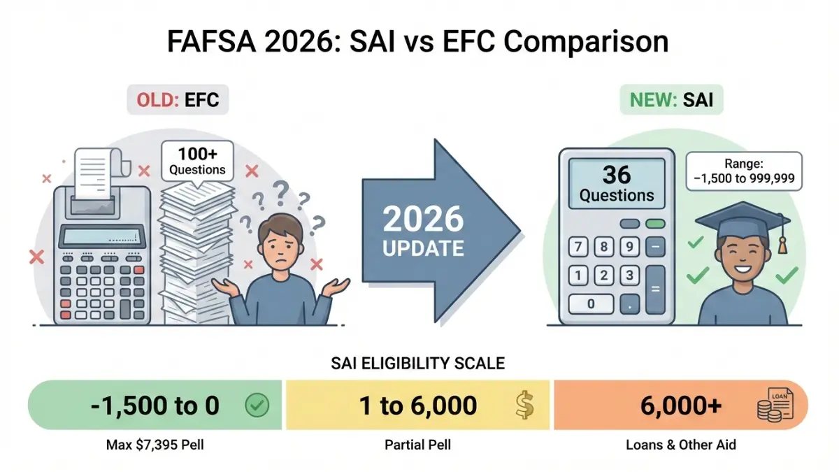 FAFSA SAI vs EFC comparison infographic showing 36-question FAFSA 2026 update and Pell Grant eligibility ranges