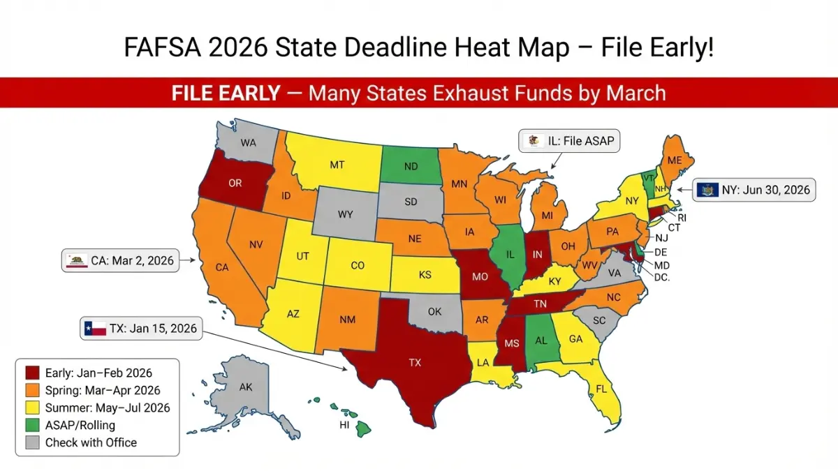 FAFSA 2026 state deadline map showing priority filing dates and color-coded urgency levels across the United States