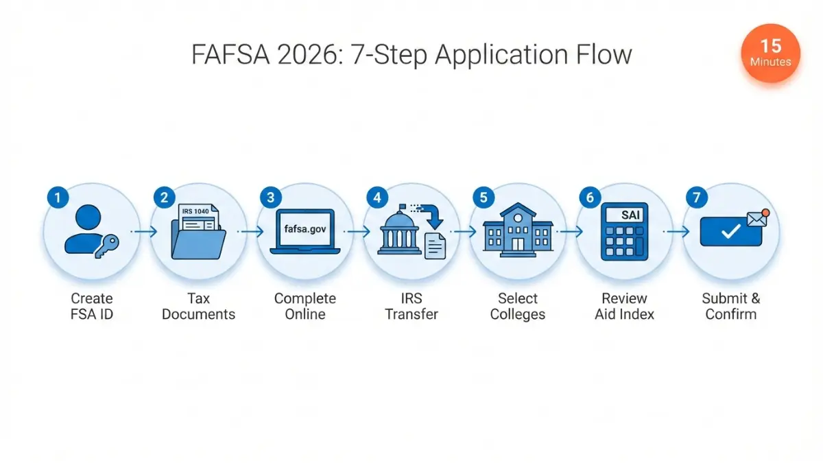 Financial Aid 2026 FAFSA 7 step application process flowchart with FSA ID IRS transfer SAI calculation and submit confirmation