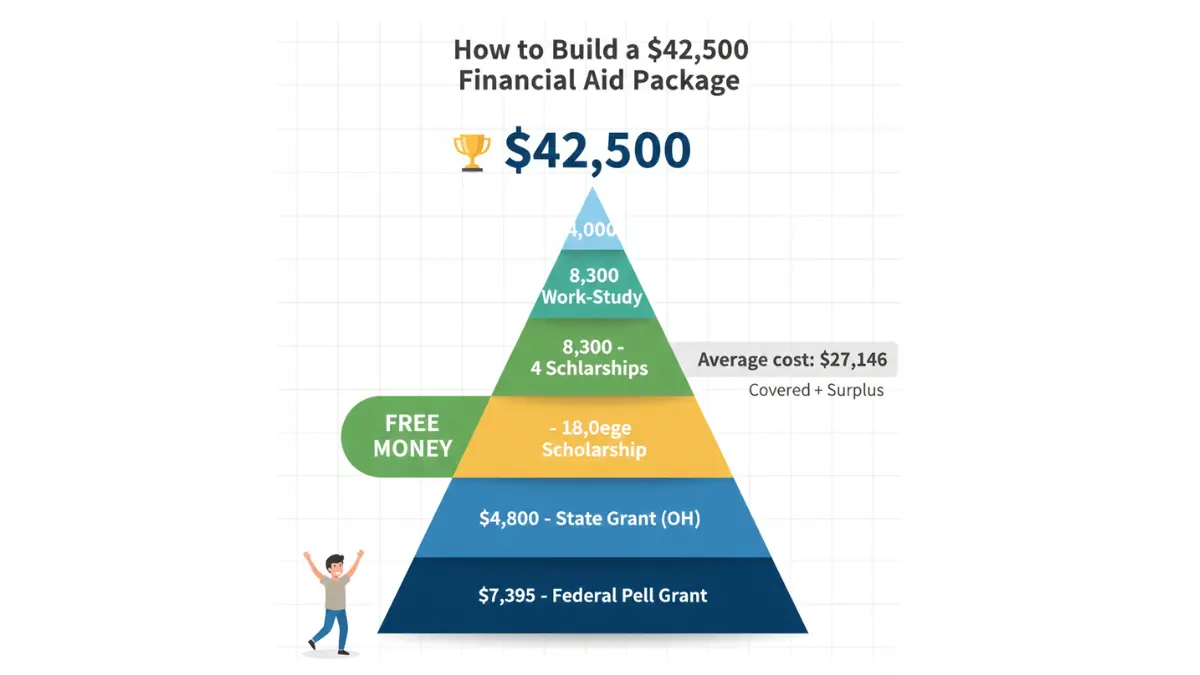 Financial Aid $42500 stacked example package showing Pell Grant state grant scholarships and work study breakdown