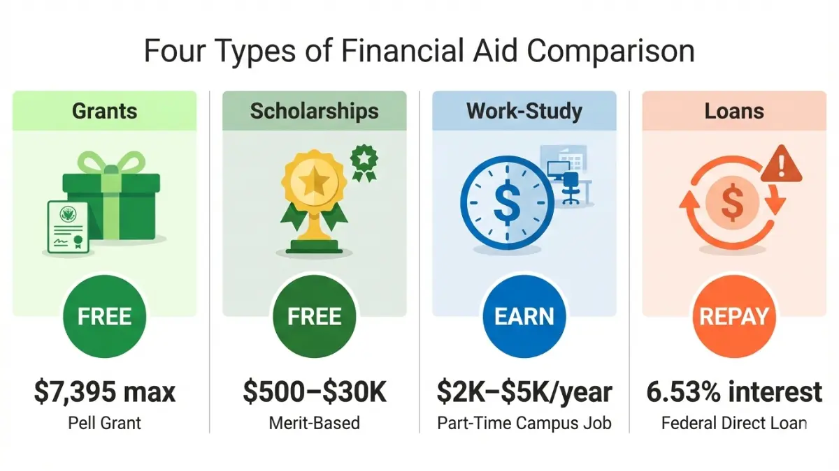 Financial Aid comparison chart showing grants scholarships work study and loans with amounts and interest rates