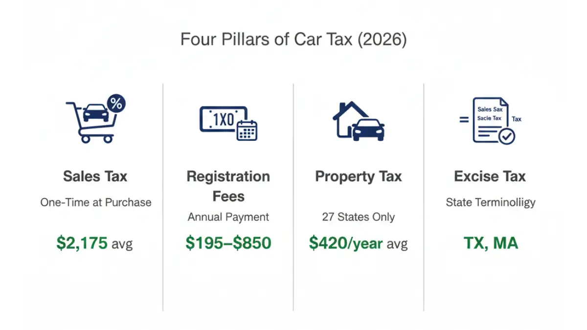 Car Tax breakdown showing sales tax, registration fees, property tax, and excise tax in the United States