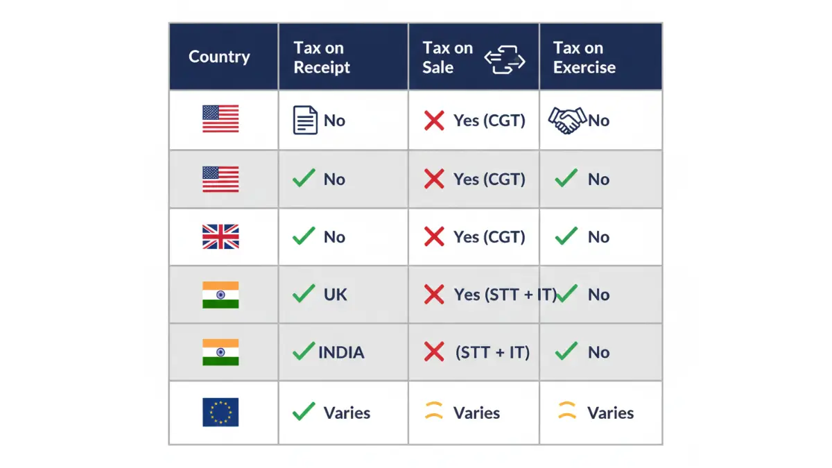 rights share tax comparison table for USA UK India and EU showing receipt sale and exercise taxation