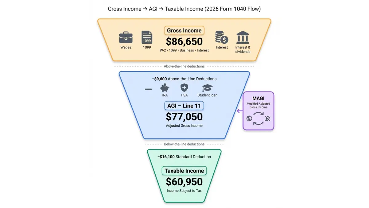 This clean 3×4 vector grid presents 12 major above-the-line deductions from Schedule 1 that reduce AGI in 2026, including IRA contributions, HSA, student loan interest, educator expenses, and self-employed deductions. The infographic provides quick visual recognition of AGI reduction strategies.