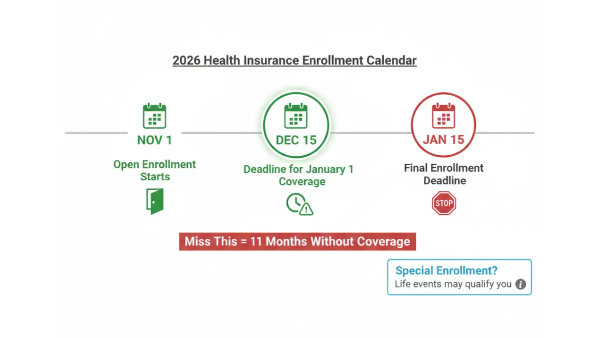 Health Insurance 2026 open enrollment calendar showing key deadlines and coverage start dates
