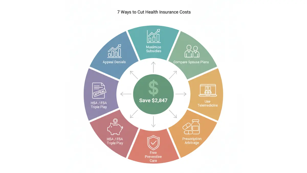 Health Insurance cost-saving strategies wheel showing seven ways to reduce premiums and expenses