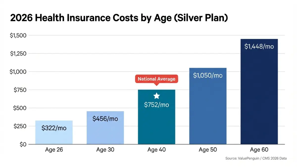 Bar chart showing rising monthly premiums for Health Insurance Plans by age from 26 to 60 in 2026