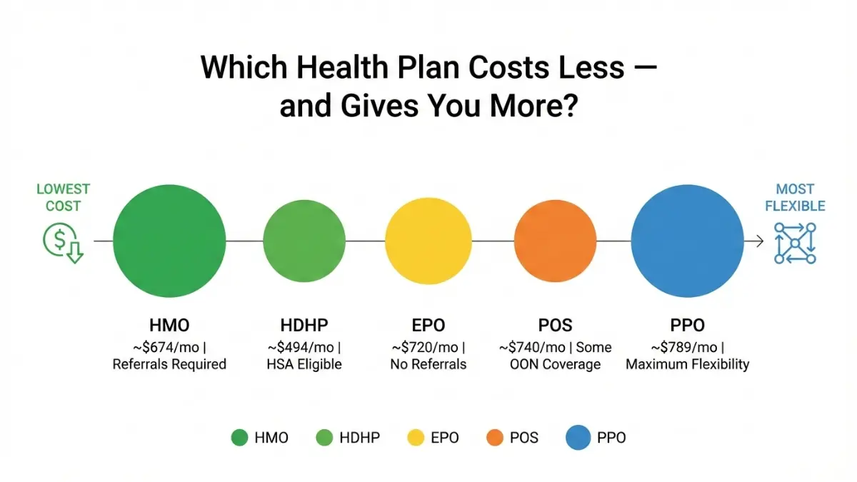 Comparison spectrum of Health Insurance Plans showing cost versus flexibility across HMO HDHP EPO POS and PPO options