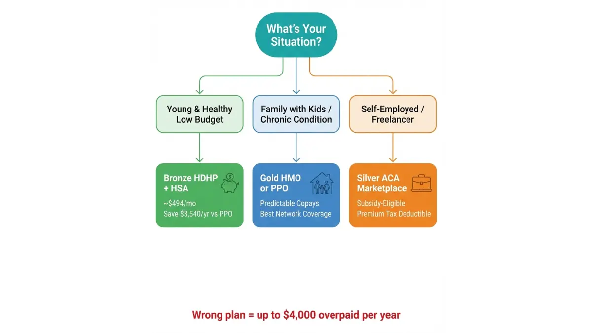 Decision tree helping consumers choose the best Health Insurance Plans based on age family status and employment