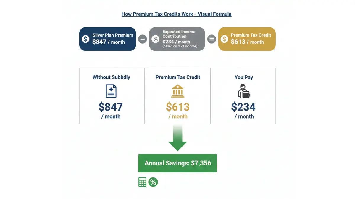 Health Insurance premium tax credit visual formula showing subsidy calculation and monthly savings