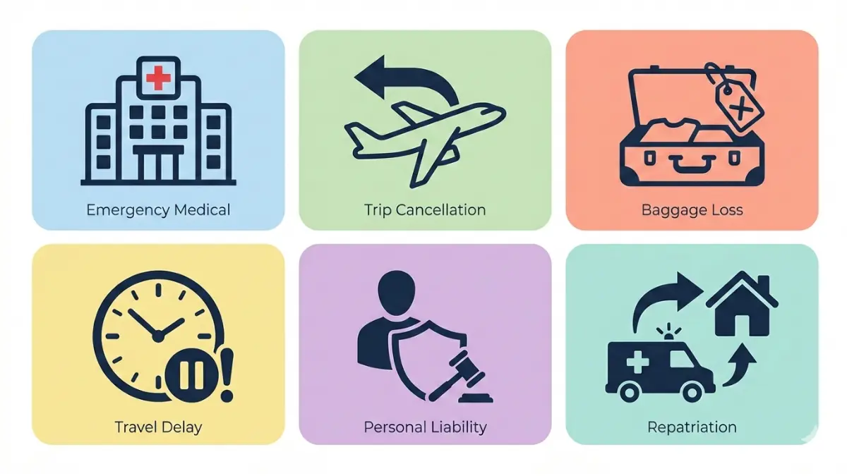 Six key Holiday insurance coverage types including medical, cancellation, baggage, delay, liability and repatriation