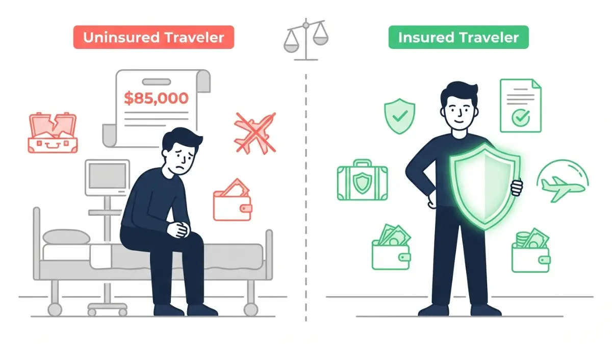 Comparison of insured and uninsured traveler outcomes showing financial risk without Holiday insurance