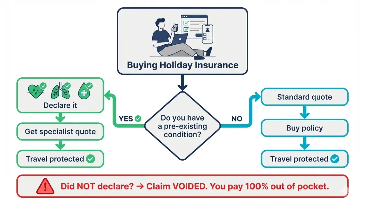 Pre-existing condition declaration process for Holiday insurance claims approval