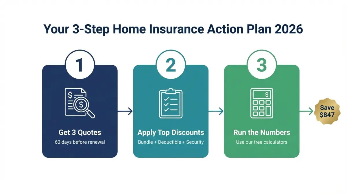 Home Insurance action plan infographic showing three steps to save on premiums in 2026