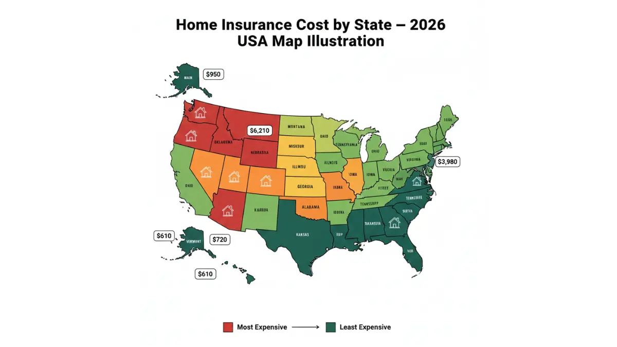 Home Insurance cost by state map showing most and least expensive states in 2026