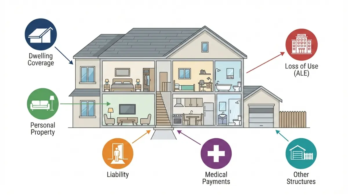 Home Insurance coverage types diagram showing dwelling personal property liability and loss of use