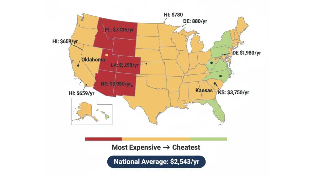 Homeowners Insurance cost map of the United States showing most expensive and cheapest states by annual homeowners insurance premiums
