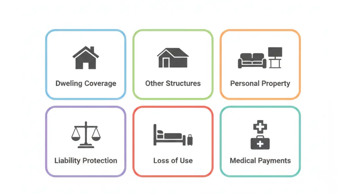 Homeowners Insurance coverage types including dwelling other structures personal property liability loss of use and medical payments