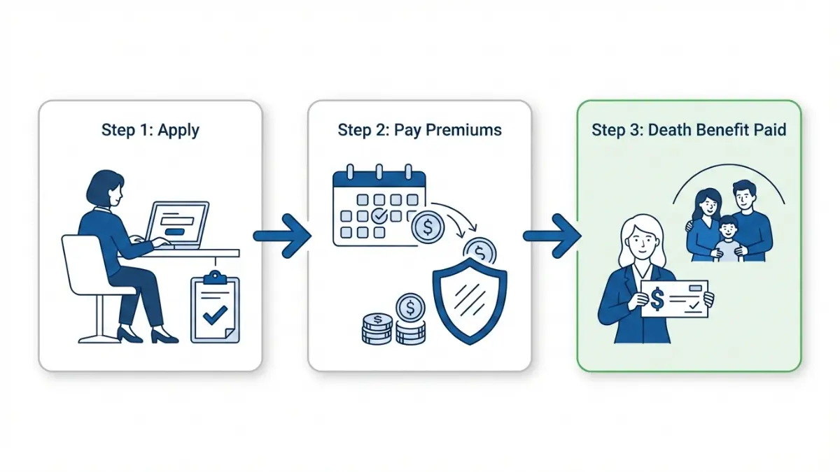 Step-by-step diagram explaining how Life Insurance works from application to premium payments to death benefit payout